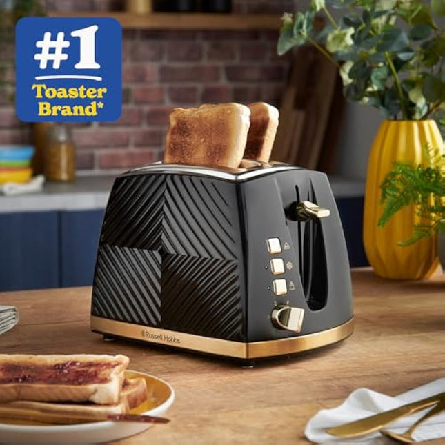Russell Hobbs Groove 2 Slice Toaster (High Lift, Extra Wide Slots, 6 Browning levels, Frozen/Cancel/Reheat function - Illuminated buttons, Removable crumb tray, 850W, Black, Brushed gold accents)26390