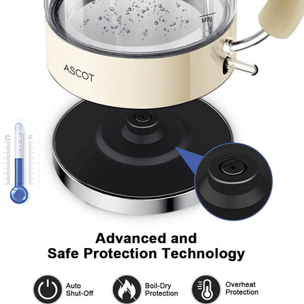 ASCOT Electric Kettle, Glass Electric Tea Kettle, Gift for Man/Women/Family, 1.5L Glass Tea Heater & Hot Water Boiler, BPA-Free, Auto Shut-Off