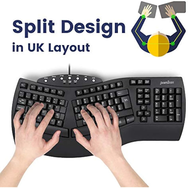 Perixx PERIBOARD-512 Ergonomic Split Keyboard, Curved Design, Wired USB, Multimedia Keys, UK QWERTY Layout, Black