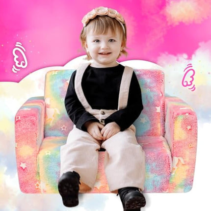 BEJOY Kids Sofa Bed 2-in-1 Flip Out Cuddly Flannel Toddler Couch Convertible Sofa to Lounger Children Sofa Bed Children's Day and Birthday Gift for Girls Boys, Candy Floss with Unicorns