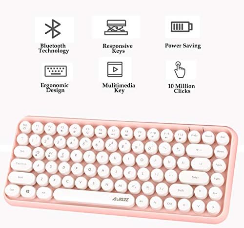 FELiCON 308i Retro Wireless Keyboard, Bluetooth Silent Cute Computer Keyboard with Round Punk Compact 84 keys, Lightweight, Matte Texture,Typewriter Design for PC, Laptop, Mac, Phone-Pink