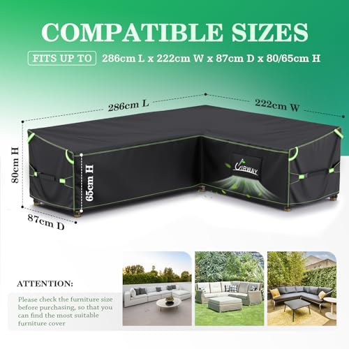 UIRWAY L-Shape Garden Furniture Cover Waterproof with Air Vent, 286x222x87cm Heavy Duty 420D Oxford Fabric Outdoor Rattan Corner Sofa Cover with