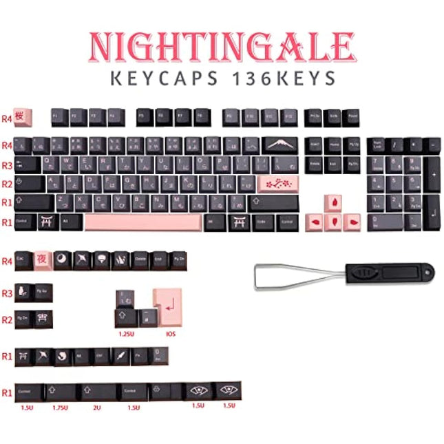 MOLGRIA Keycaps 136 Set Night Sakura for Full Sized Keyboard, Custom PBT Cherry Profile Key Caps Japanese Style with Keycap Puller for Cherry MX 104/87/68/61 60 Percent ANSI/ISO Layout Keyboard