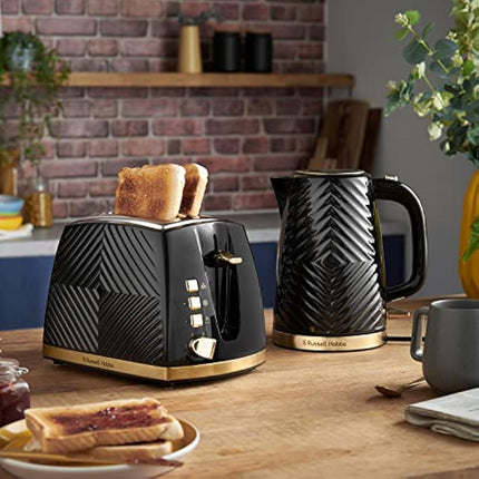 Russell Hobbs Groove 2 Slice Toaster (High Lift, Extra Wide Slots, 6 Browning levels, Frozen/Cancel/Reheat function - Illuminated buttons, Removable crumb tray, 850W, Black, Brushed gold accents)26390