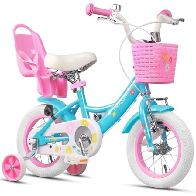 Glerc Maggie 12 Inch Kids Bike for 2-13 Years Old, Girls Bicycle with Doll-Seat & Basket & Stabilisers & Kickstand, Multiple Colors