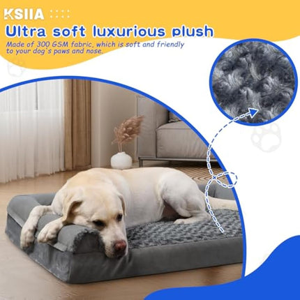 KSIIA Large Dog Bed, Orthopedic Dog Sofa Beds Pet Bed, Dog Couch with Removable Washable Cover, Waterproof Dog Bed, Pet Sofa with U-Shape Bolster, Grey 91x68x16cm