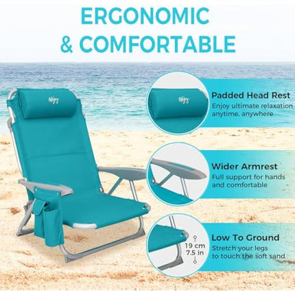 #WEJOY 4-Position Adjustable Beach Chair for Adults, Folding Low Camping Chairs Aluminum Lightweight & Portable, High Back Pillow Pocket Outdoor Reclining Garden Chair