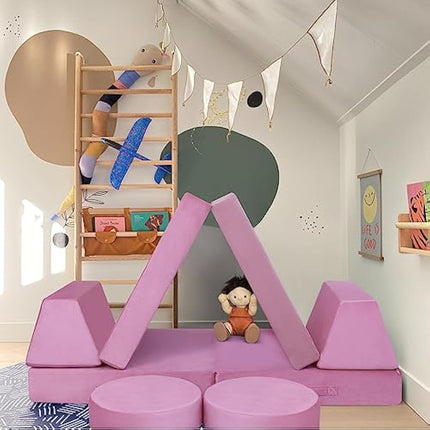 MeMoreCool Kids Play Sofa Bed, Modular Toddler Armchair Couch Chair for Bedroom Playroom, 8-Piece Fold Out Couch Play Set, Creative Baby Couch Children Convertible Sofa, Pink