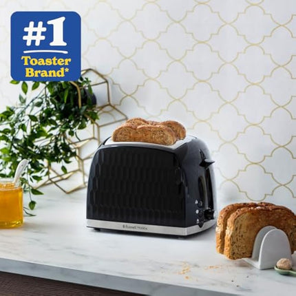 Russell Hobbs Honeycomb 2 Slice Toaster (Extra wide slots, High lift feature, 6 Browning levels, Frozen/Cancel/Reheat function, Removable crumb tray, 850W, Black, Textured high gloss) 26061