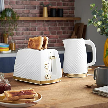 Russell Hobbs Groove 2 Slice Toaster (High Lift, Extra Wide Slots, 6 Browning levels, Frozen/Cancel/Reheat function - Illuminated buttons, Removable crumb tray, 850W, White, Brushed gold accents)26391