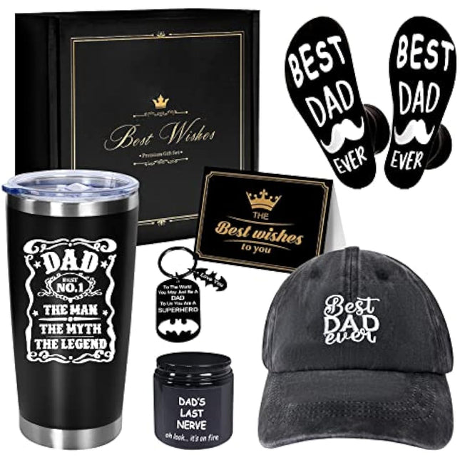 AYGE Dad Gifts from Daughter Wife Son, Awesome Dad Gifts, 6pcs Funny Gifts Set for Dad Who Wants Nothing, with 20oz Tumbler/Baseball Hat/Scented Candle/Socks/Keychain/Greeting Card Fathers Day