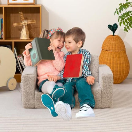 BEJOY Kids Sofa Bed, Extra Wide 2-in-1 Toddler Soft Sherpa Couch Fold Out, Convertible toddler bed to Lounger for Girls and Boys, Light Grey