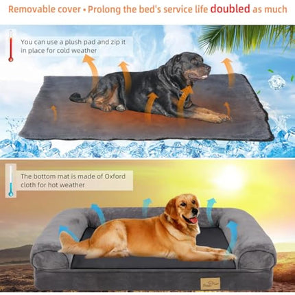 BingoPaw Large Dog Sofa Bed: Memory Foam Orthopedic Pet Mattress Cushion - Waterproof Bolster Dog Couch with Pillow and Washable Cover Grey XL (100x75cm)