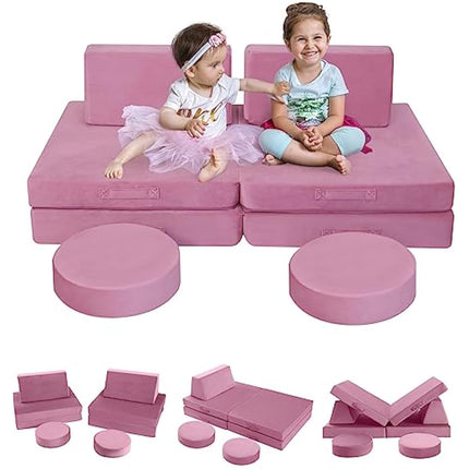 MeMoreCool Kids Play Sofa Bed, Modular Toddler Armchair Couch Chair for Bedroom Playroom, 8-Piece Fold Out Couch Play Set, Creative Baby Couch Children Convertible Sofa, Pink