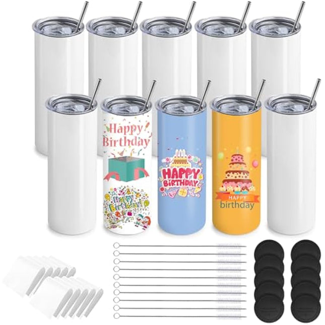 MSYU 10 Pack Sublimation Tumblers Bulk, 20 oz Stainless Steel Straight Skinny Tumbler, White Double Walled Vacuum Tumbler with Straws and Lid for DIY, Memorial Gifts, Individually Boxed