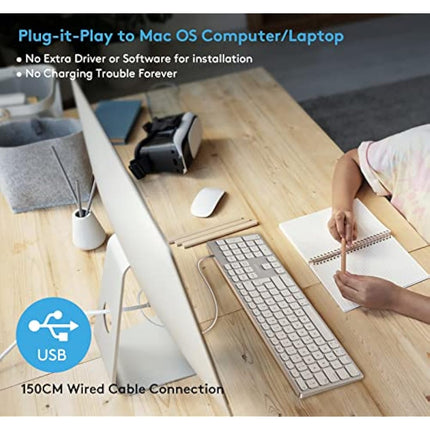 All-Aluminium Wired Keyboard for Apple Mac OS Layout with Numeric Keypad, Durable and Sleek Design, Plug-n-Play Cable Connection in USB-A or USB-C, Compatible with iMac/Mac Mini/MacBook Laptop-Silver