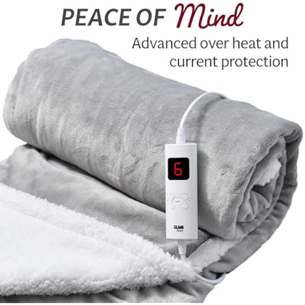 GlamHaus Heated Throw Electric Fleece Over Blanket Sofa Bed Large 160 X 130cm - 9 Heat and 9 Timer Auto Shut Off, Soft, Reversible Design, Digital Control, Machine Washable (Light Grey)