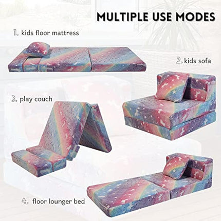 MeMoreCool Kids Sofa Bed, Toddler Floor Mattress Glow in The Dark, Baby Modular Unicorn Couch, Fold Up Children Sofa Convertible Futon Folding Mattress Chair Bed for Playroom