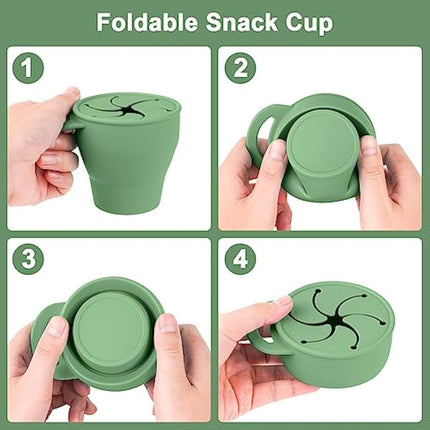 Vicloon Collapsible Silicone Baby Snack Cup, Baby Snack Cup, Silicone Snack Cup Non Spill Snack Pot for Baby, Snack Catcher Food Cup with Lid, Snack Pot for Toddler (Green)