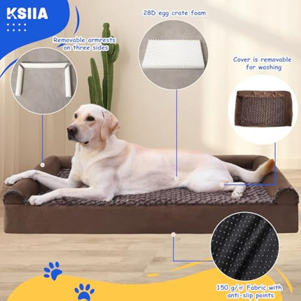KSIIA Extra Large Dog Bed, XL Orthopedic Dog Sofa Beds with Removable Washable Cover, Waterproof Dog Bed, Pet Sofa Bed with U-Shape Bolster, Brown 111x81x18cm