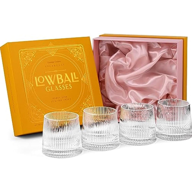 GLASSIQUE CADEAU Vintage Art Deco Speakeasy Short Gin Tumbler Glasses | Set of 4 | 260 ml Crystal Lowball for Drinking Classic Rum, Vodka Bar Drinks | Round Rocks Glassware