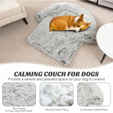COSTWAY Plush Dog Sofa Bed, Calming Pet Sleep Couch with Anti-Slip Bottom, Washable Cover, Soft Neck Bolster, Fluffy Puppy Cats Bed Mat for Small Medium Large Dogs (S, Grey White)