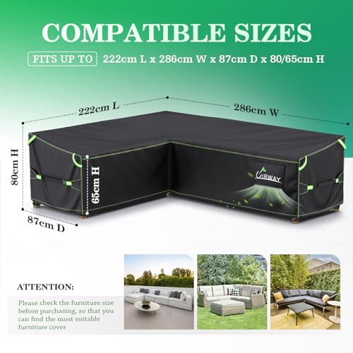 UIRWAY L-Shape Garden Furniture Cover Waterproof with Air Vent, 222x286x87cm Heavy Duty 420D Oxford Fabric Outdoor Rattan Corner Sofa Cover with