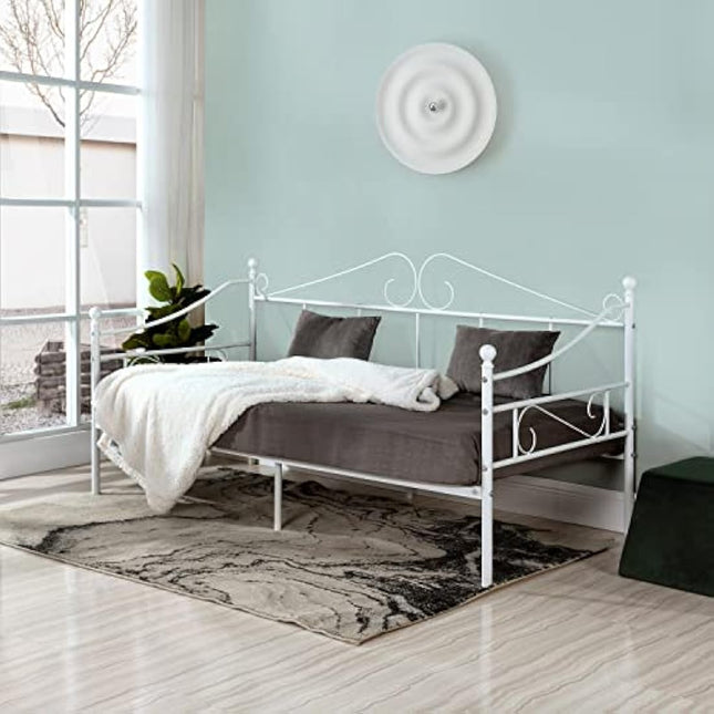 buybyroom Metal Day Bed Frame 90 x 190cm, Single Bed with Headboard and Slatted Frame Single Bed Sofa Bed Day Bed for Bedroom Living Room Guest Room, White