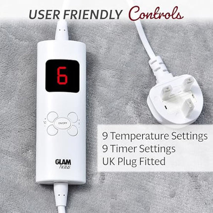 GlamHaus Heated Throw Electric Fleece Over Blanket Sofa Bed Large 160 X 130cm - 9 Heat and 9 Timer Auto Shut Off, Soft, Reversible Design, Digital Control, Machine Washable (Light Grey)