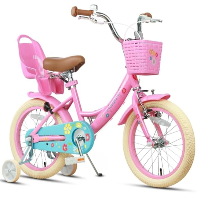 Glerc Maggie 16 Inch Kids Bike for 2-13 Years Old, Girls Bicycle with Doll-Seat & Basket & Stabilisers & Kickstand, Multiple Colors