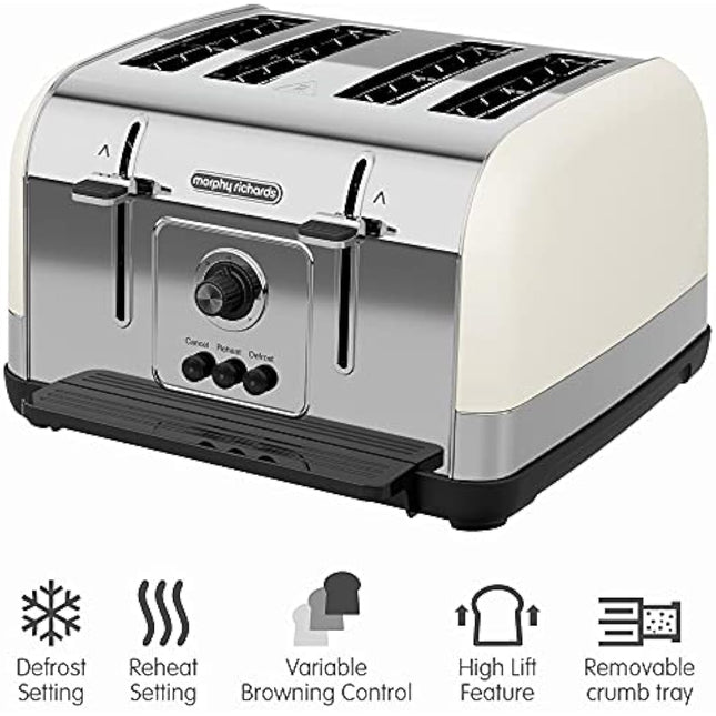Morphy Richards Venture Cream 4 Slice Toaster - Defrost Setting - High Lift Feature - 240132