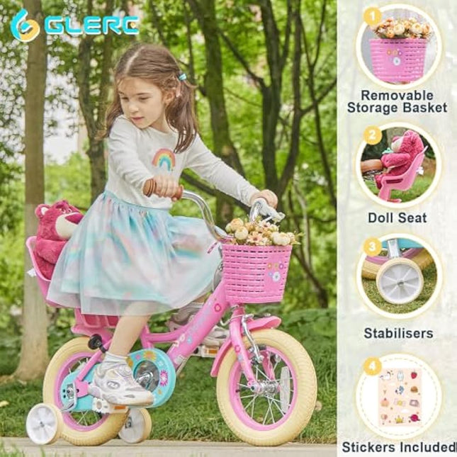 Glerc Maggie 16 Inch Kids Bike for 2-13 Years Old, Girls Bicycle with Doll-Seat & Basket & Stabilisers & Kickstand, Multiple Colors