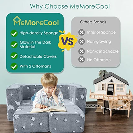 MeMoreCool Kids Sofa Bed, Modular Toddler Couch, Glow in The Dark Stars Kids Chair Lounger Fold Out, Baby Mini Couch Bedroom Furniture for Playroom, Grey Star