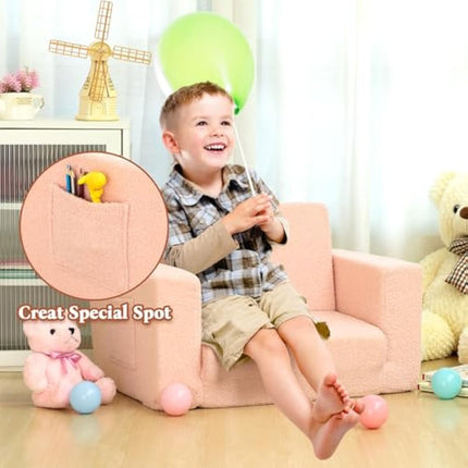 BEJOY Kids Sofa Bed 2-in-1 Fold Out Bed Cuddly Teddy Fur Toddler Couch Convertible Sofa to Lounger Toddler Armchair Kids Chair Children's Day and Birthday Gift for Girls Boys, Misty Rose