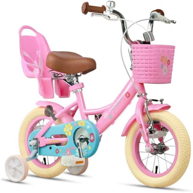 Glerc Maggie  14  Inch Kids Bike for 2-13 Years Old, Girls Bicycle with Doll-Seat & Basket & Stabilisers & Kickstand, Multiple Colors