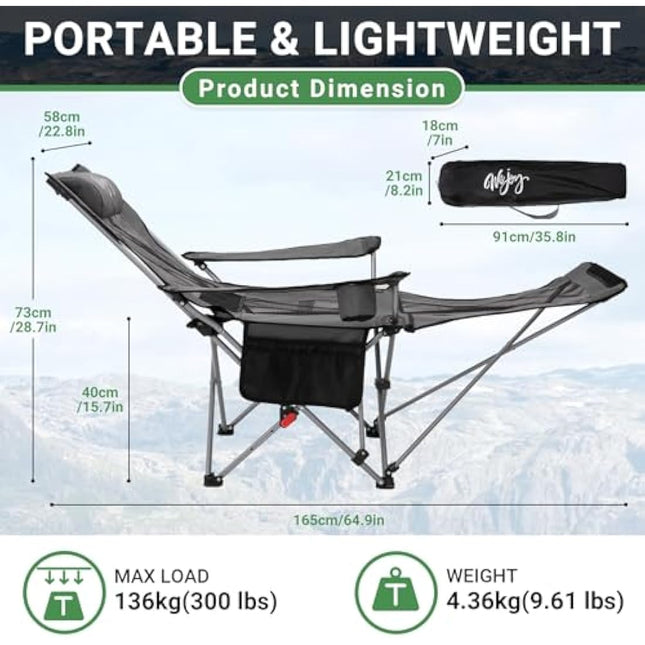 #WEJOY Camping Chairs Folding Recliner Chair Adjustable with Detachable Footrest Headrest Cup Holder Lightweight Portable Reclining Camp Chair Fold Up Chair for Outdoor Beach Garden,Grey black