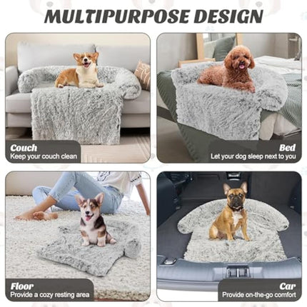 COSTWAY Plush Dog Sofa Bed, Calming Pet Sleep Couch with Anti-Slip Bottom, Washable Cover, Soft Neck Bolster, Fluffy Puppy Cats Bed Mat for Small Medium Large Dogs (S, Grey White)