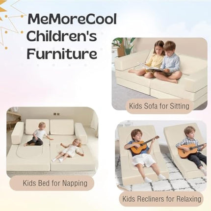 MeMoreCool 10-Pieces Kids Play Sofa Bed, Modular Toddler Chair Couch for Playroom, Fold Out Foam Couch for Girls Boys, Convertible Children Sectional Playset, Beige