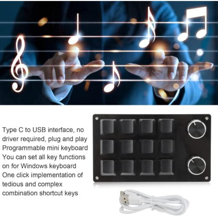 zalati Mechanical Keyboard, 12-Key USB Mini Programmable Keys No Drive Needed with Knob Design Easy to carry 2.97 x 5.14inch - Black