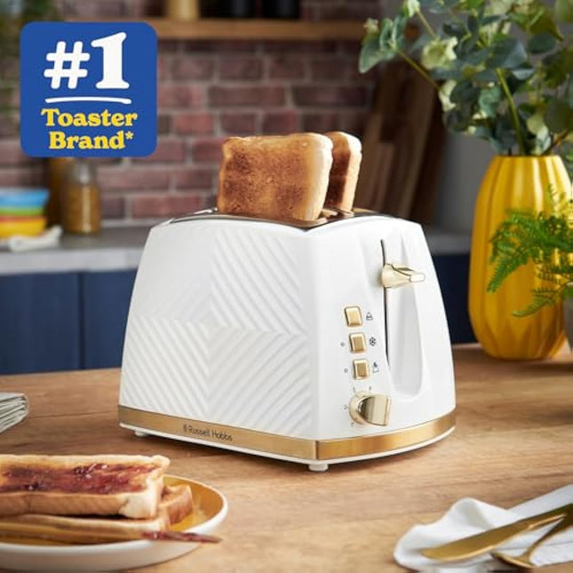 Russell Hobbs Groove 2 Slice Toaster (High Lift, Extra Wide Slots, 6 Browning levels, Frozen/Cancel/Reheat function - Illuminated buttons, Removable crumb tray, 850W, White, Brushed gold accents)26391