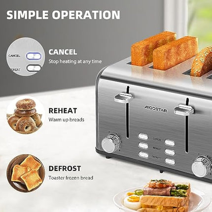Aigostar Toaster 4 Slice Stainless Steel Toaster with Independent and Extra-Wide Slots, High Lifting, Defrost & Reheat Functions, Variable Browning Settings, Silver - Gordon 30ZGE