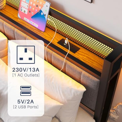 MOFLUT King Size Bed Frame with Upholstered Headboard, Wooden Storage Headboard Shelf, 5ft Upholstered Bed Frame Kingsize with Charging Station/USB Ports and LED Lights (Gray King Bed)