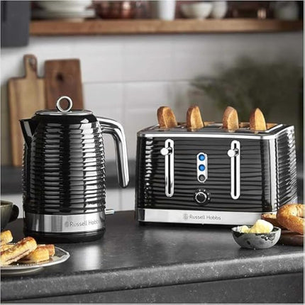 Russell Hobbs Inspire 4 Slice Toaster (Extra wide slots, High lift feature, 6 Browning levels, Frozen/Cancel/Reheat function with Blue LED illumination, 1800W, Black textured high gloss) 24381