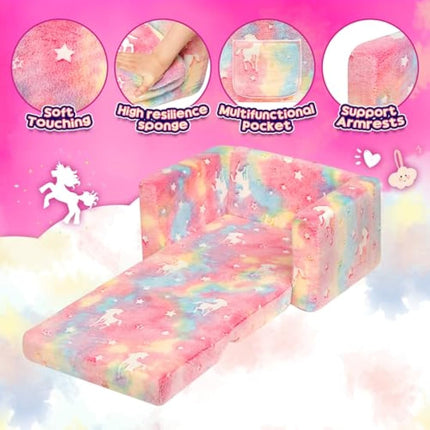 BEJOY Kids Sofa Bed 2-in-1 Flip Out Cuddly Flannel Toddler Couch Convertible Sofa to Lounger Children Sofa Bed Children's Day and Birthday Gift for Girls Boys, Candy Floss with Unicorns