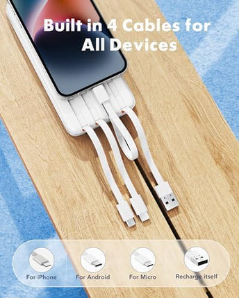 Charmast Power Bank, 20,000mAh Built-in 4 Cables Portable Charger, 20W Fast Charging Battery Pack with 4 Potrs, USB-C Powerbank for iPhone 16/15 Series, iPad, Android Phone, and mor (White)