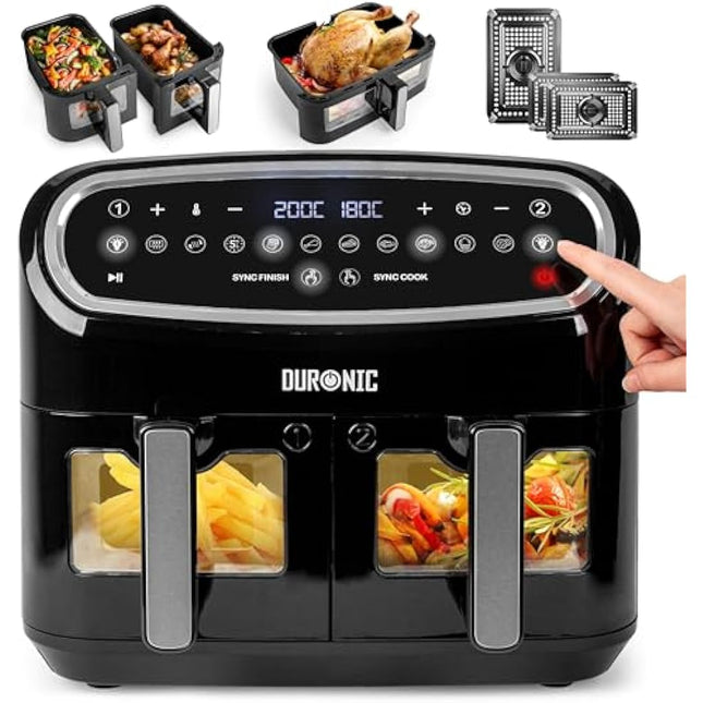 Duronic AF34 BK Triple Drawer 10L Digital Air Fryer with Visual Window, Dual Zone, 10-in-1 Large Drawer AirFryer for Family, Uses No Oil, Air Fry, Roast, Bake, Dishwasher Safe Non-Stick Baskets, Black