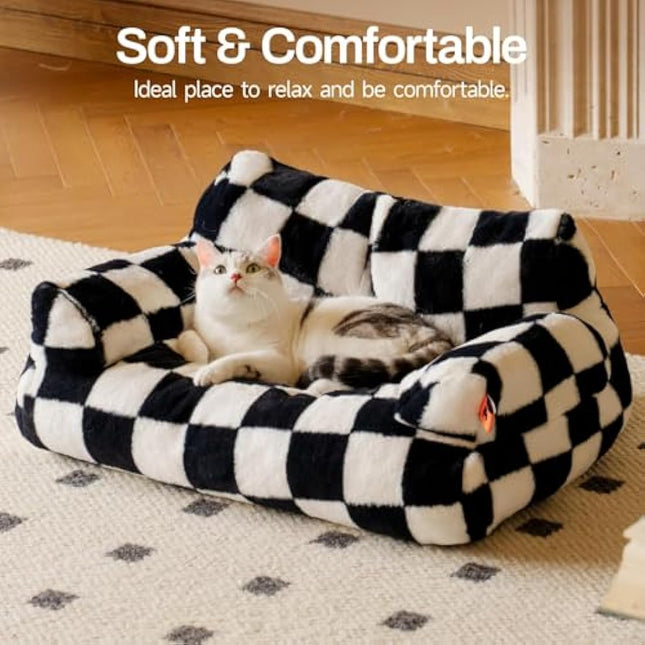MEWOOFUN Stylish Cat Bed for Indoor Cars Large - Fluffy and Soft Cat Sofa Bed Small Dog Sofa Bed for Dogs and Cats - 66x48cm Cute Cat Bed Couch with Non-slip Bottom, Checkerboard