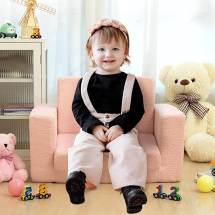 BEJOY Kids Sofa Bed 2-in-1 Fold Out Bed Cuddly Teddy Fur Toddler Couch Convertible Sofa to Lounger Toddler Armchair Kids Chair Children's Day and Birthday Gift for Girls Boys, Misty Rose