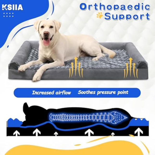 KSIIA Large Dog Bed, Orthopedic Dog Sofa Beds Couch with Removable Washable Cover, Waterproof Pet Sofa with U-Shape Bolster, Grey 88.9x55.88x16cm