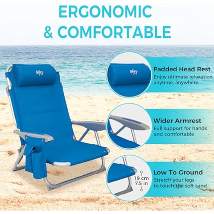 #WEJOY 4-Position Adjustable Beach Chair for Adults, Folding Low Camping Chairs Aluminum Lightweight & Portable, High Back Pillow Pocket Outdoor Reclining Garden Chair